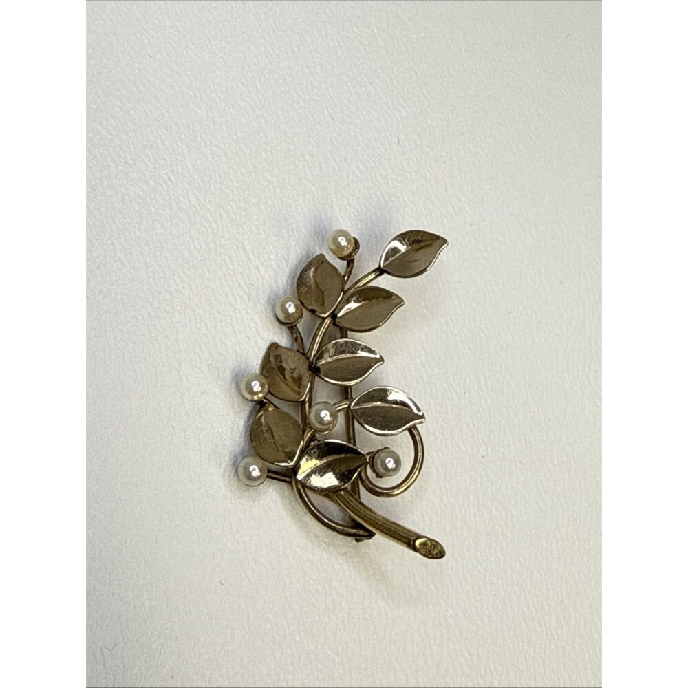 Carl Art 12K Gold Filled Faux Pearls & Leaf Branch Brooch Pin Vintage - Picture 3 of 8